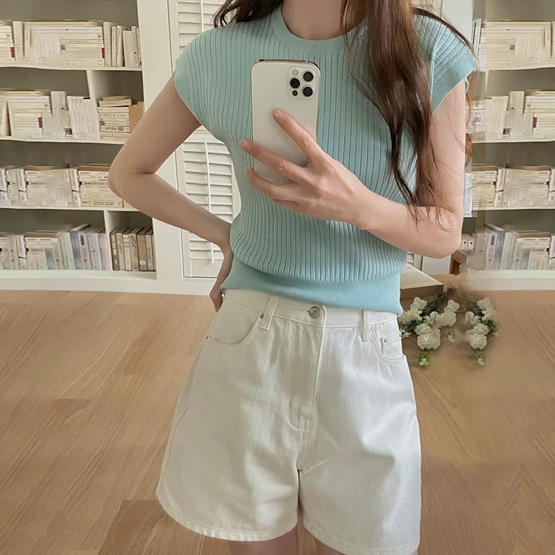 

Shi Jian Xiao Fei Sleeve Pit Stripe Tank Top Knitted Women's 2023 Summer New Style Round Neck Simple Top 12398