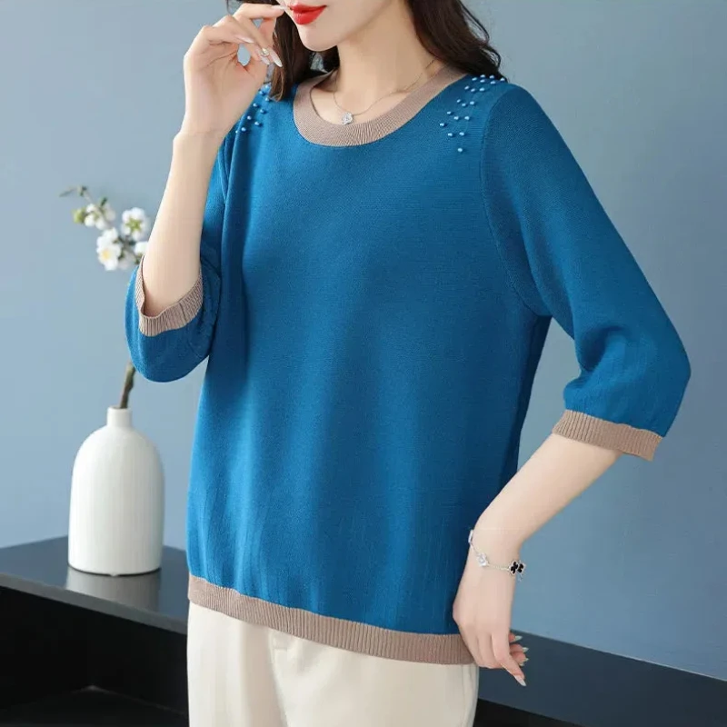 Простые офисные женские весенние пуловеры с круглым вырезом контрастной
