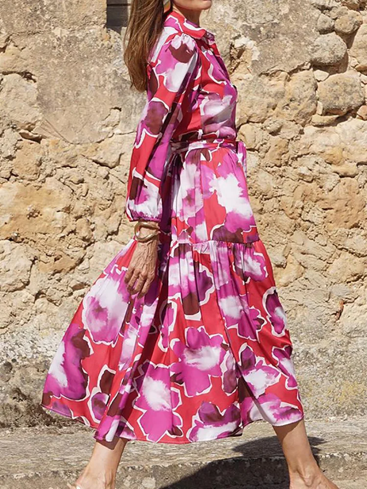 

Весенне-осеннее модное платье макси на шнуровке, женская одежда для отдыха с длинным рукавом, элегантное женское платье с отложным воротником и принтом