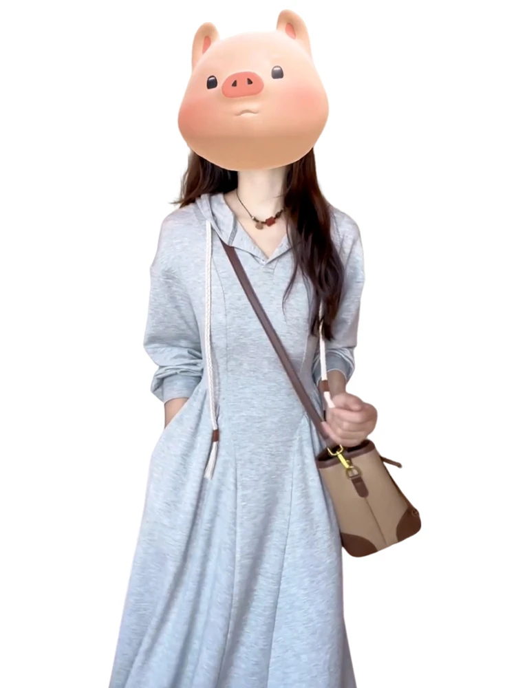 Серое платье-толстовка с длинными рукавами женское осенне-зимнее платье 2024 новая