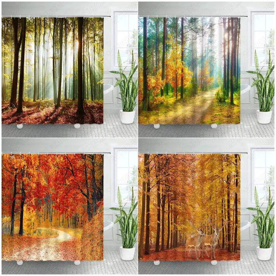 

Forest Landscape Shower Curtains Rural Road Maple Trees Elk Autumn Nature Scenery Garden Wall Hanging Bathroom Curtain Decor Set