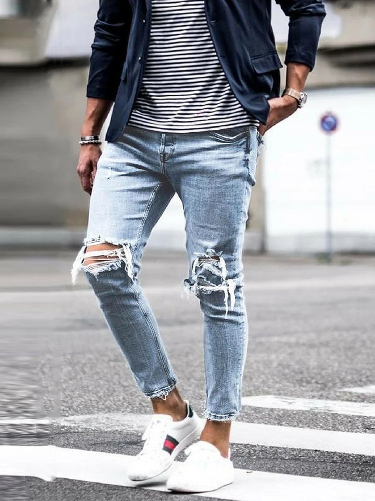 Men Jeans Ripped Denim Slim Fit Skinny Pencil Pants New Elastic High Street Casual Trousers Knee Destroyed Clothing For Man