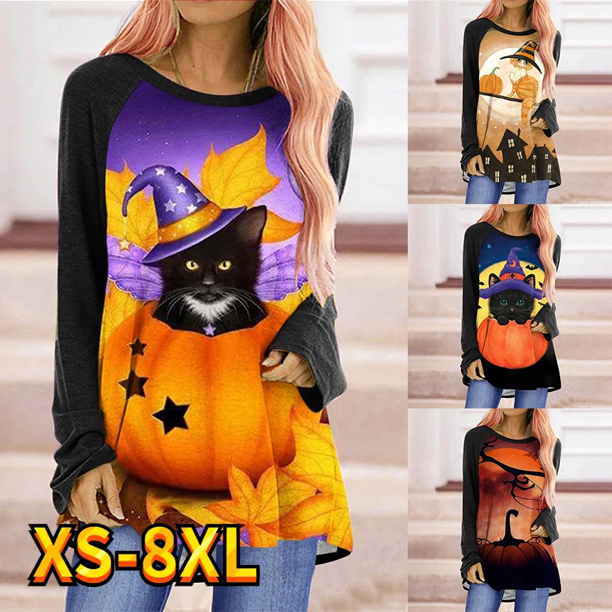 

Women's T Shirt Tee Cartoon Halloween Pumpkin Cat Painting Active Sports Streetwear Sweatshirt Long Sleeve Round Neck XS-8XL