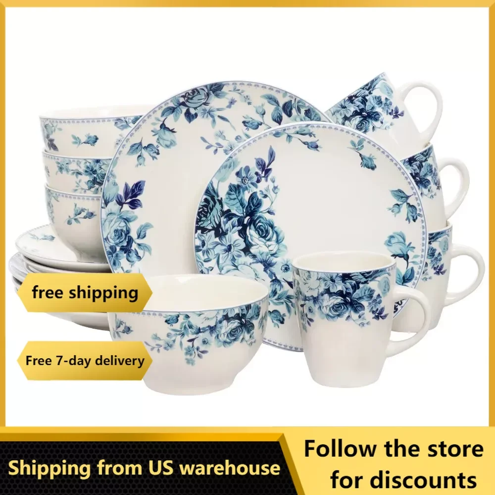 

Blue Rose Traditional 16 Piece Elegant Dinnerware Set Utensils for Kitchen Accessories Free Shipping Plates Plate Bowl Tableware