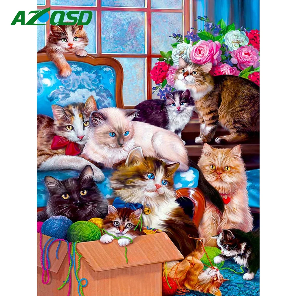 

AZQSD DIY Diamond Painting Cat Full Square Diamond Embroidery Animal Cross Stitch Mosaic Flowers Needlework Handicraft Hobby