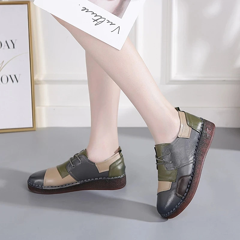 Xiuteng  New Women 2023  Mother Ladies Female Cow Genuine Leather Shoes Flats Loafers Slip On Casual National Style Plaid shoes