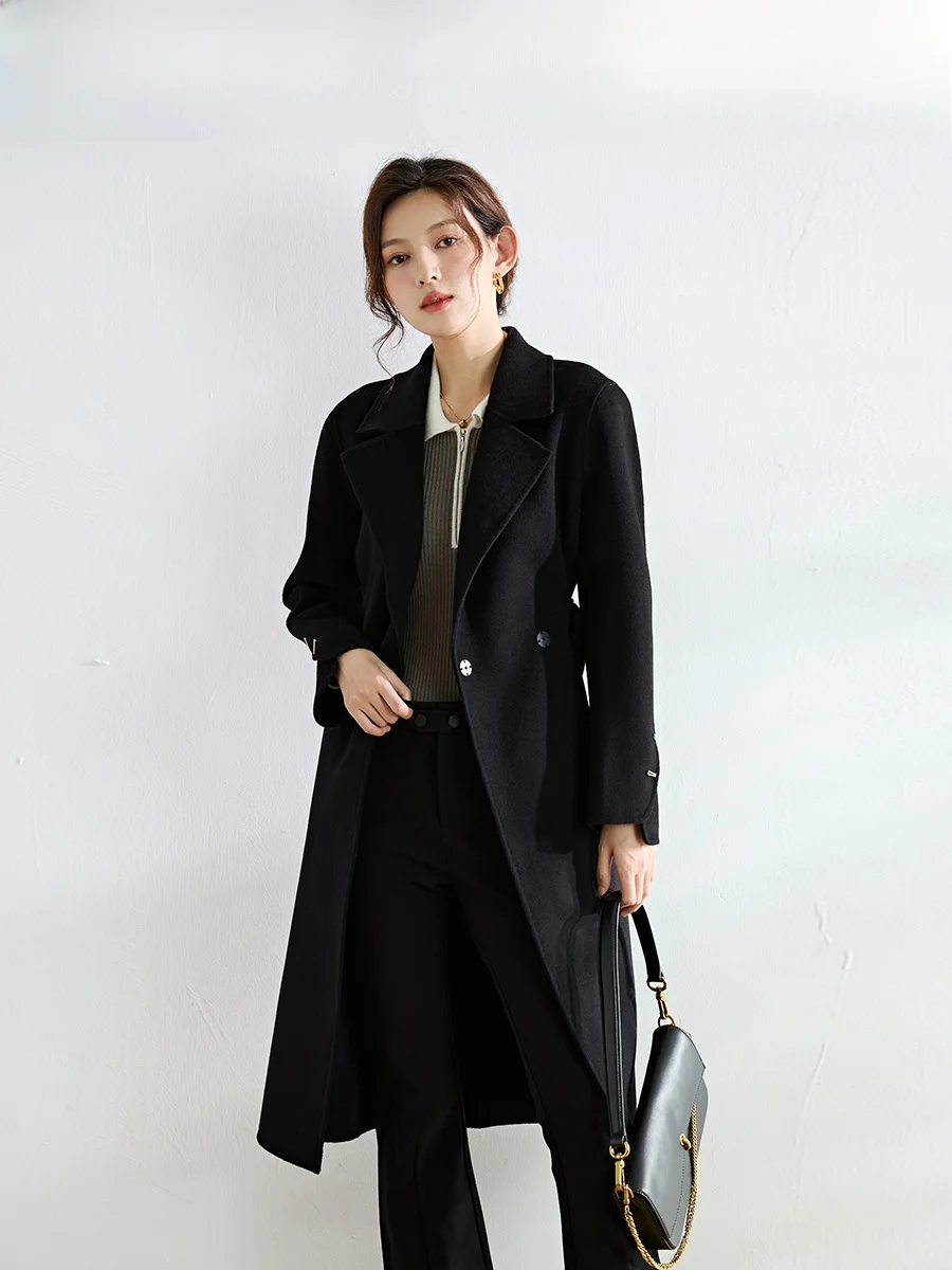 Qian Xiwen Wool coat 2024 Winter New Women clothes Elegant Suit Collar One Button Woolen Long Coat for Women