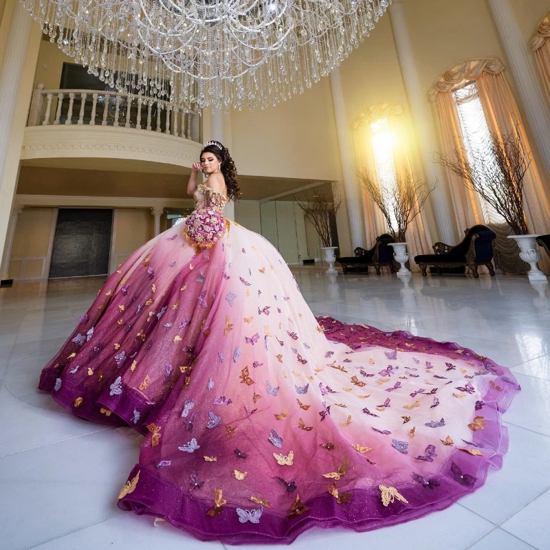 ANGELSBRIDEP 3D бабочка блестящие платья Quinceanera со шлейфом и аппликацией из бисера