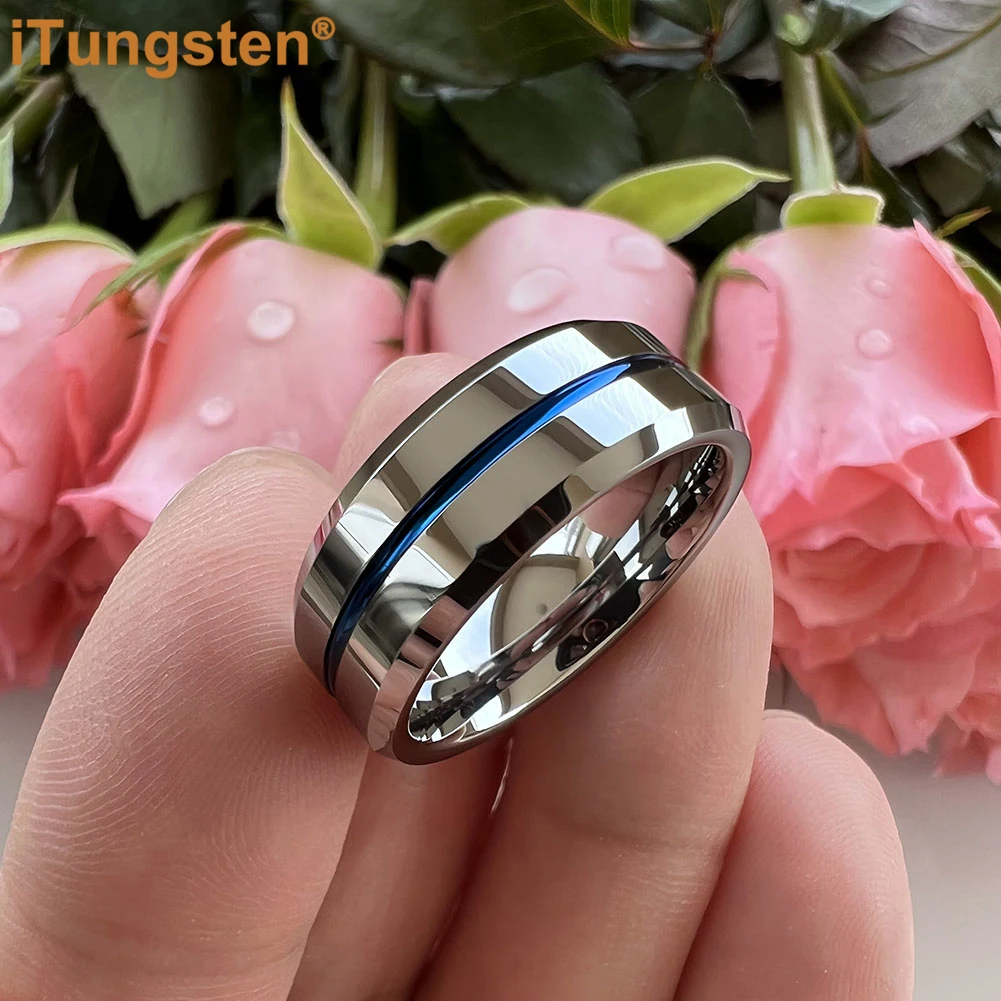 iTungsten 8mm Shiny Forever Ring Tungsten Wedding Band For Men Women Beveled Grooved Polished Finish Comfort Fit