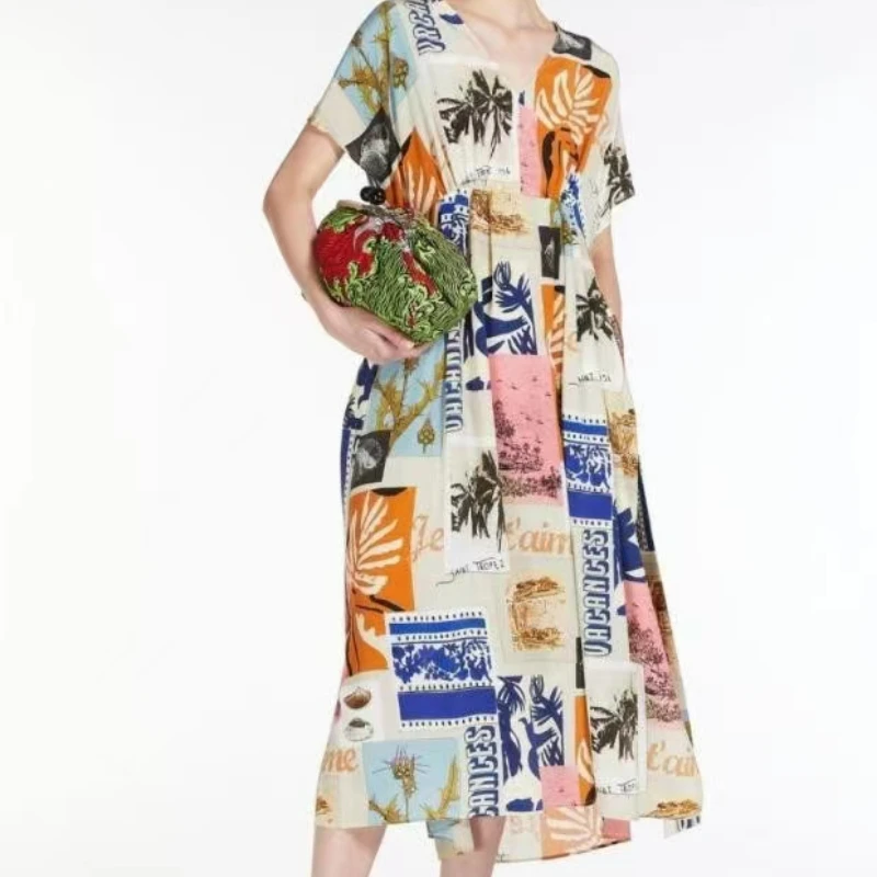 Spring and Summer New Women Colorful V-neck Elegant Printed Silk Waist Slimming Dress