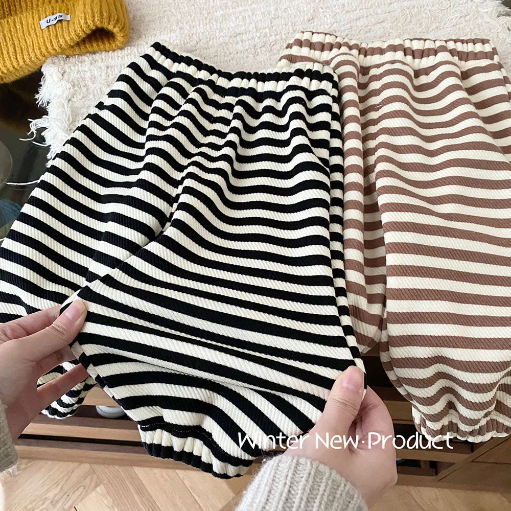 Детские флисовые повседневные брюки Зимние плотные спортивные в полоску для