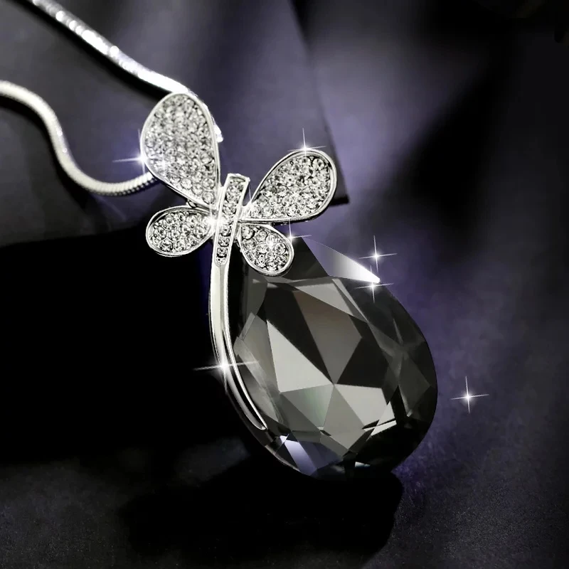 

KIOOZOL Vintage Black Color Cubic Zirconia Pendant Silver Color Butterfly Long Necklace For Women accessories jewelry 065 KO1