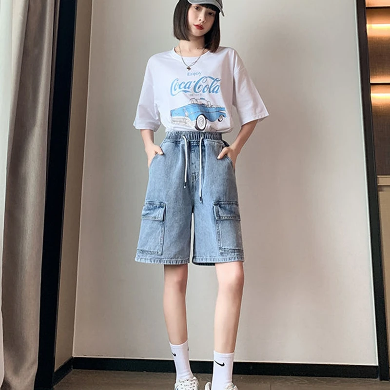 Women Baggy Cargo Wide Long Shorts Jeans High Waist Blue Bermuda Denim Shorts Female Jeans Oversize New Jean Shorts Y2K Womans