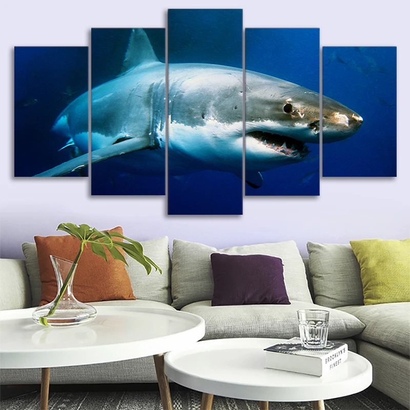 

HD Printed 5 Piece Canvas Blue Ocean White Shark Painting Framed Wall Pictures for Living Room Modern
