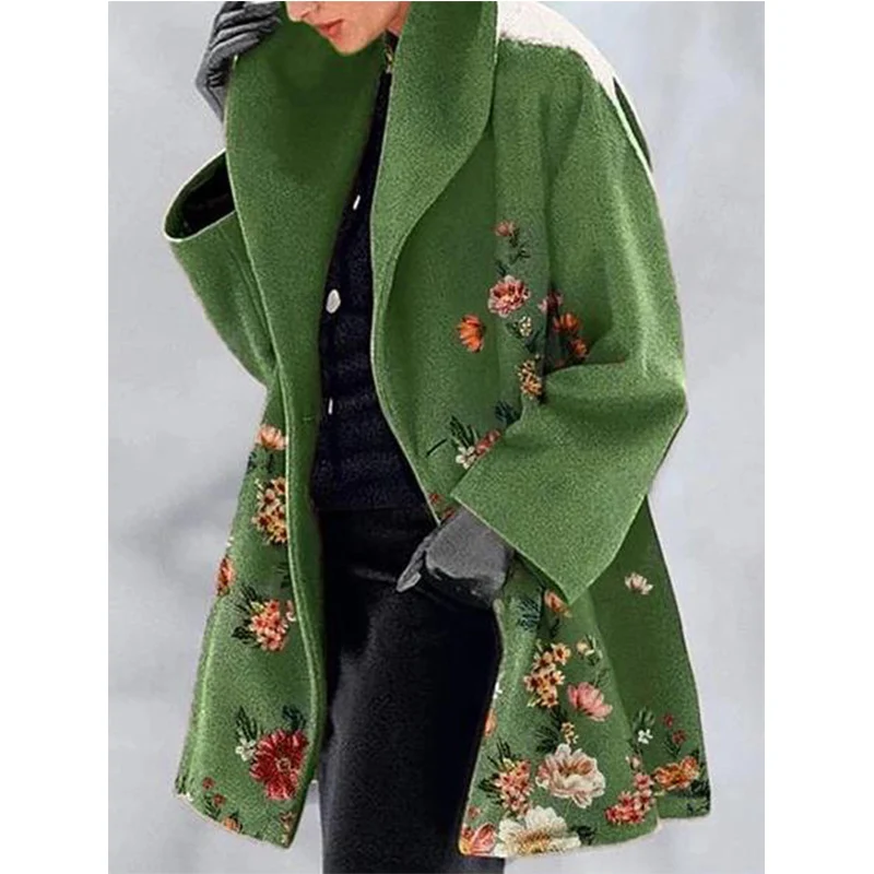 2022 New Women'S Fashion Commuter Loose Coat Green Collar Temperament College Printed Polo Coat
