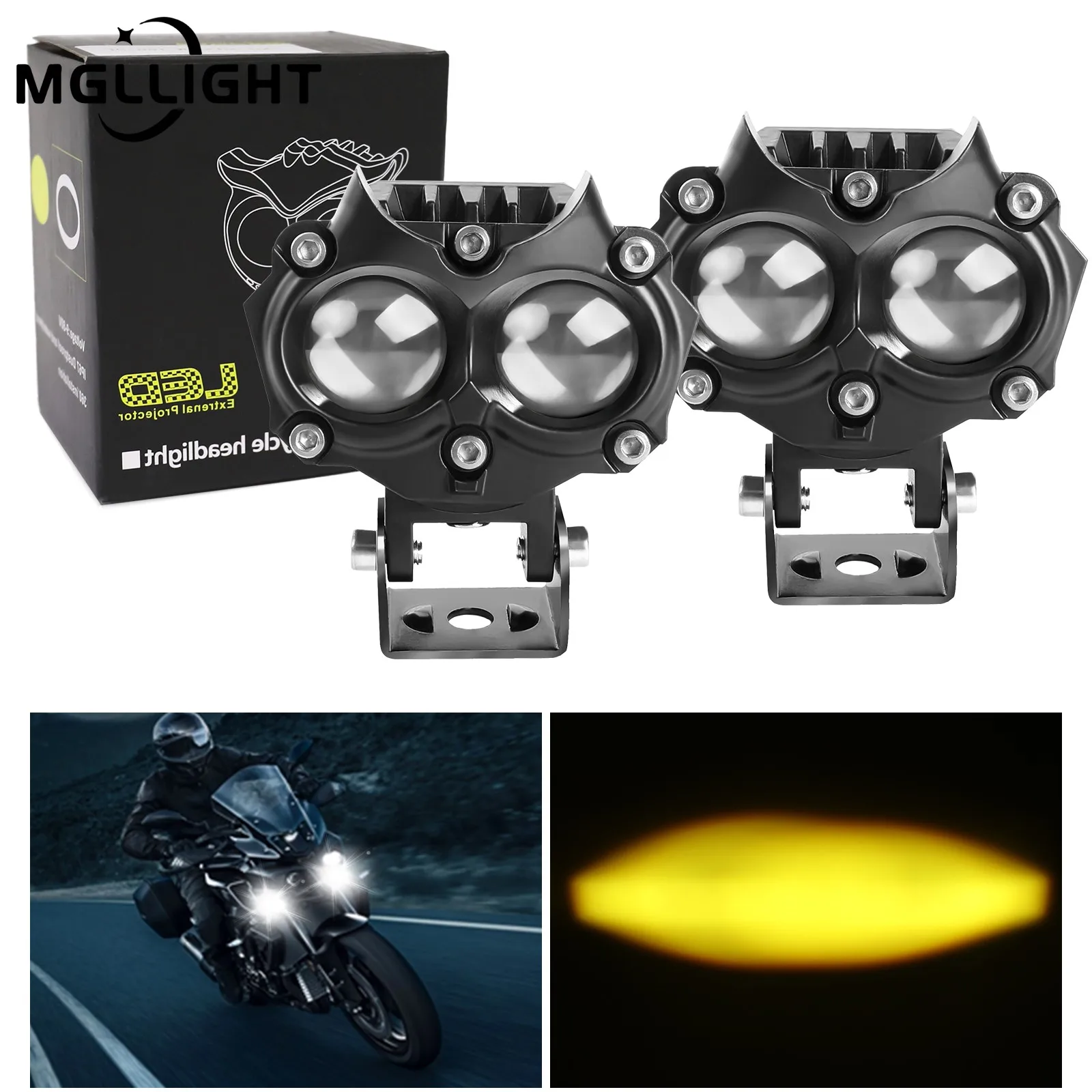 

MGLLIGHT 16000LM LED Spotlight Dual Color Motorcycle LED Moto Headlights Auxiliary Lamp IP68 6000K 3000K High and Low Beam