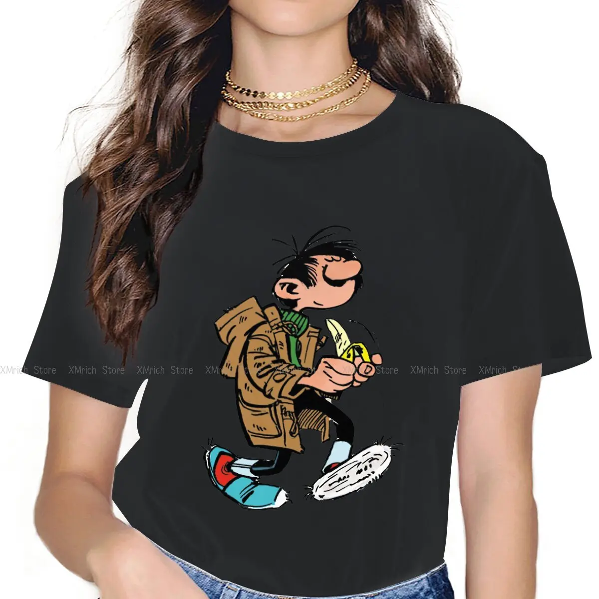 

Guust Flater Eating Banana Women Clothes Gaston Lagaffe Comics Oversized T-shirt Harajuku Vintage Female Top