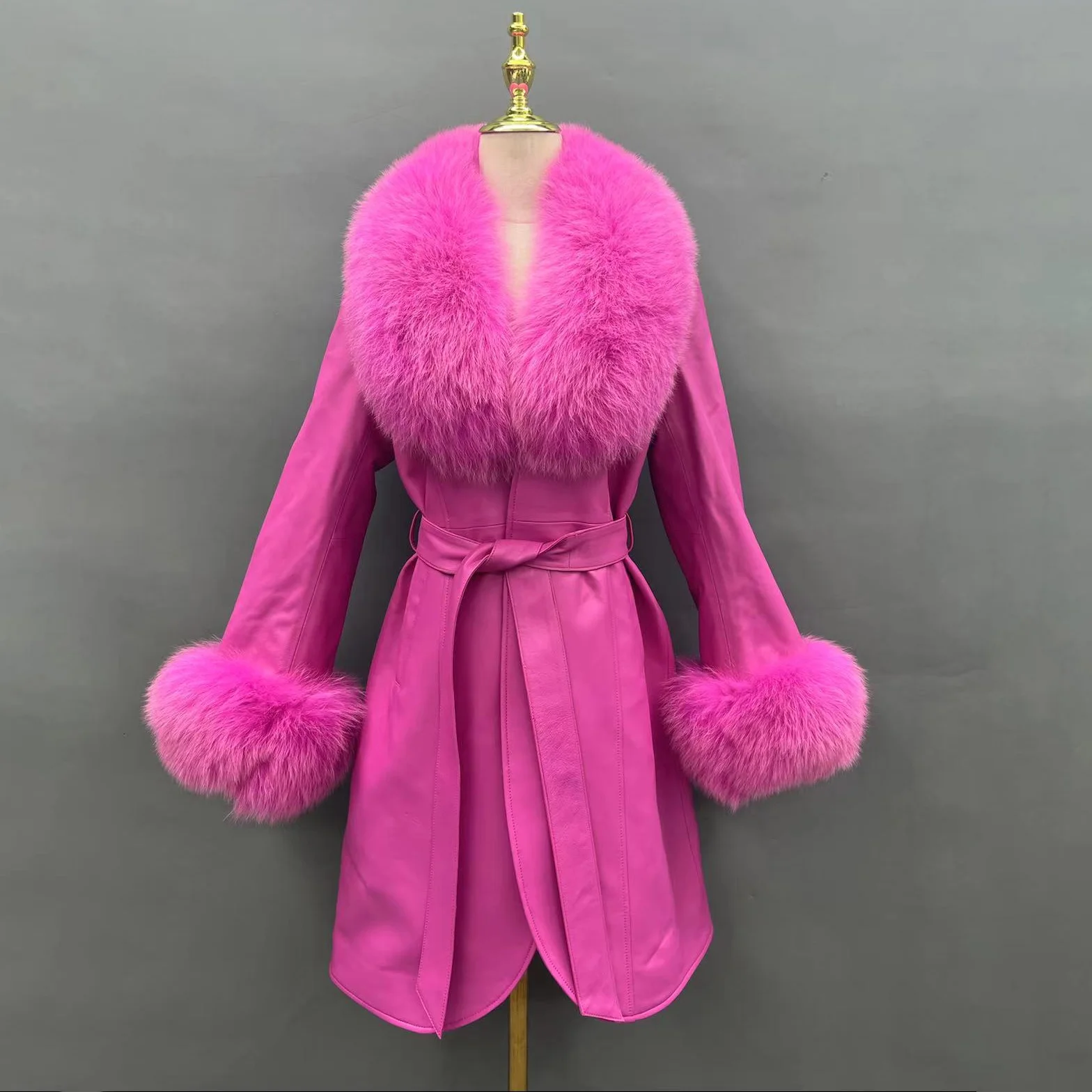 JANEFUR Genuine Leather Jacket with Fox Fur Collar Women 2023 Elegant Luxury Belted Real Sheepskin Long Coat for Ladies