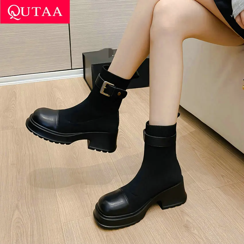 

QUTAA 2024 Genuine Leather Women Ankle Boots Autumn Winter Ankle Boots Square High Heel Casual Party Shoes Woman Size 34-39