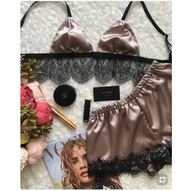 

Пижамный комплект, топ и пижама, одежда для сна без рукавов, шорты, женский кружевной сексуальный комплект, ночная рубашка на бретельках, атл...