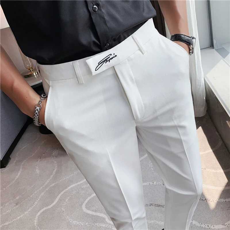 

Brand clothing Korean Summer Solid Drape Suit Pants Men Clothing Simple Slim Fit Ankle Length Office Trousers Formal Wear 36