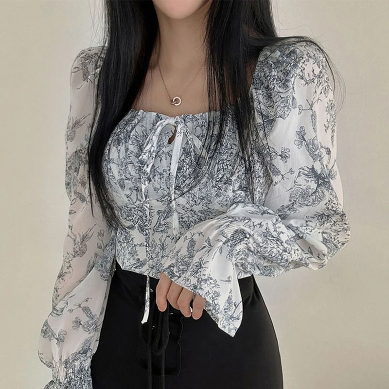Женские рубашки и блузки Matakawa со шнуровкой принтом милая блузка с пышными