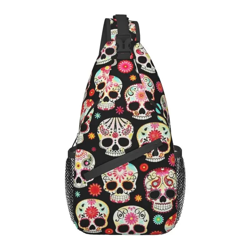 Sugar Skulls Sling Chest Bag Customized Day Of The Dead Shoulder Crossbody Backpack for Men Cycling Camping Daypack