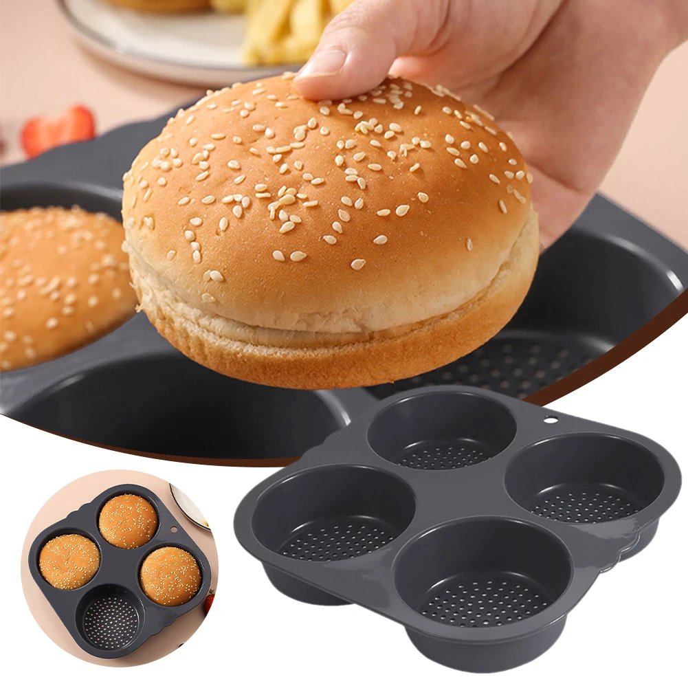 

Hamburger Bun Mold Baking Hamburger Bread Pan Non-Stick Silicone Mold Dishwasher Safe 4 Cavities for Burger Buns Kitchen Tools