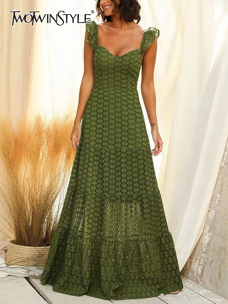 

TWOTWINSTYLE Cut Out Slim Formal Dresses For Women Square Collar Sleeveless High Waist A Line Folds Floor Length Dress Female