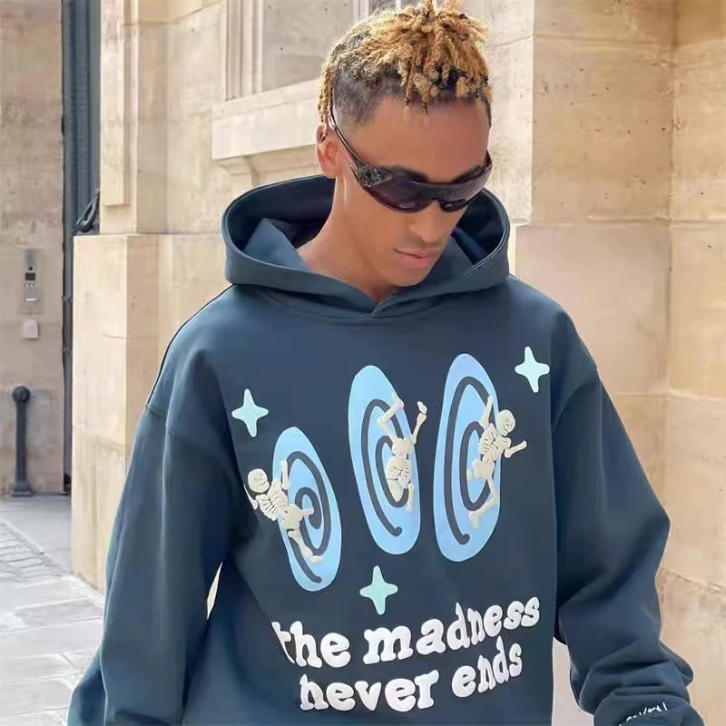

Navy Blue Broken Planet Fleece Hoodie Foam Text Samll Skulls Print Men Women Winter Vintage America Streetwear Loose Pullover