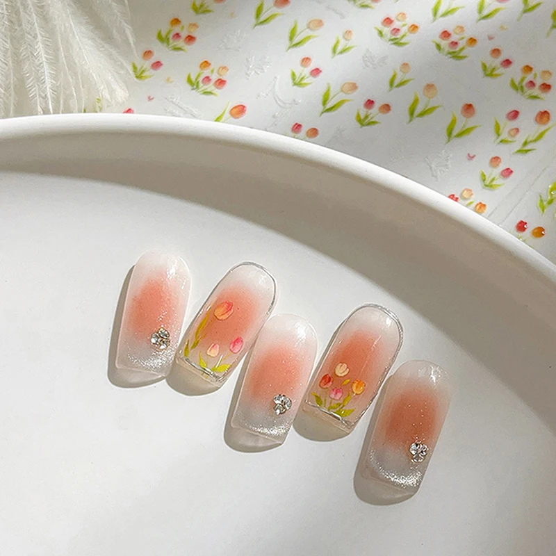 Фото 1 Sheet Relief Elegant Tulip Nail Art Stickers Kawaii Flower Adhesive Nail Decorations Decals DIY Manicure Accessories №4