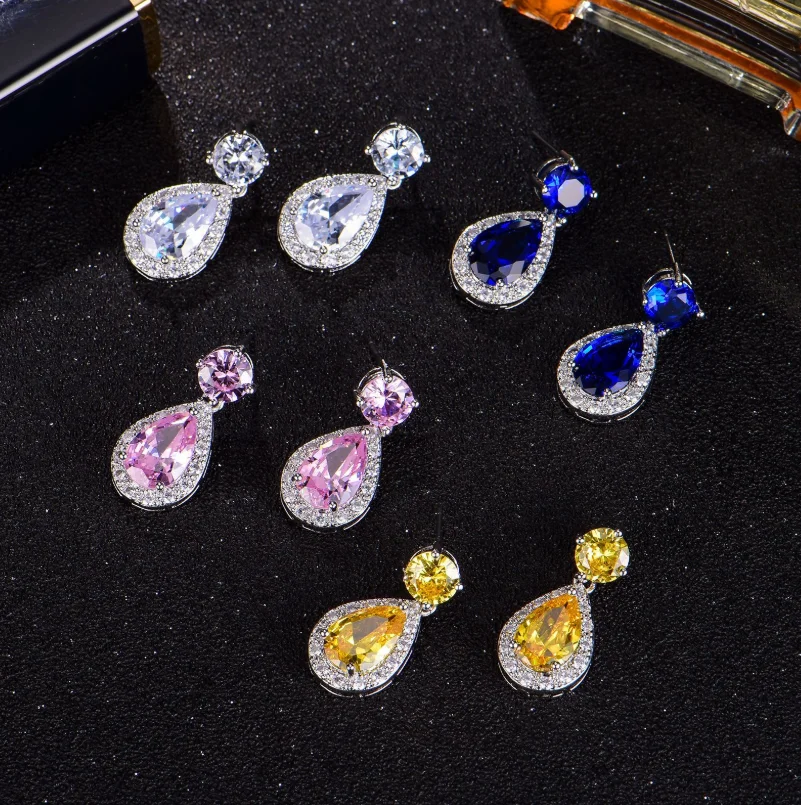 

ANGLANG Gorgeous Blue/Pink Pear Cubic Zirconia Drop Earrings for Women Simple Stylish Accessories Party Hot Sale Fashion Jewelry