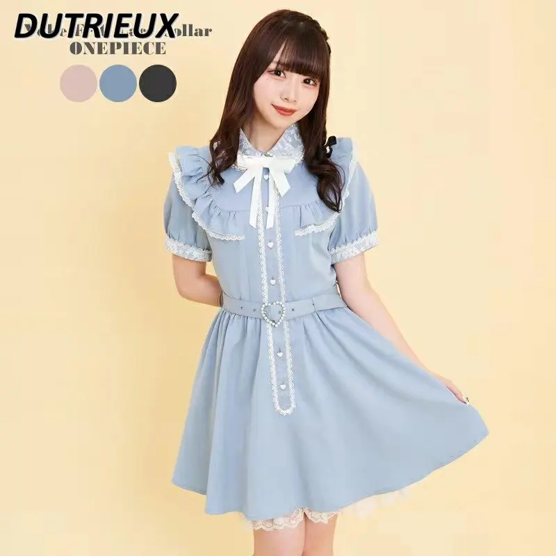 

Простое летнее новое платье SC с жемчужным воротником, кружевное платье с коротким рукавом и ремнем в виде сердечек, милое универсальное мил...