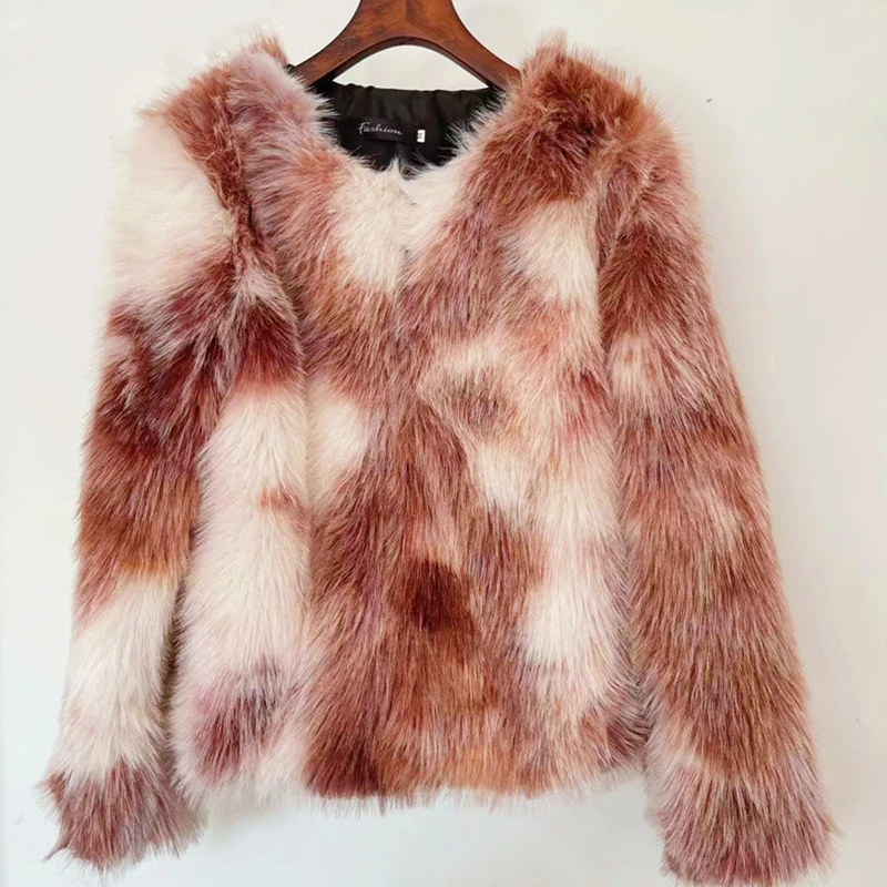 Winter Tie Dye Faux Fur Coats Fashion 2022 New Women's Clothing Elegant Round Neck Long Sleeve Short Faux Fur Coat Urban Liesure