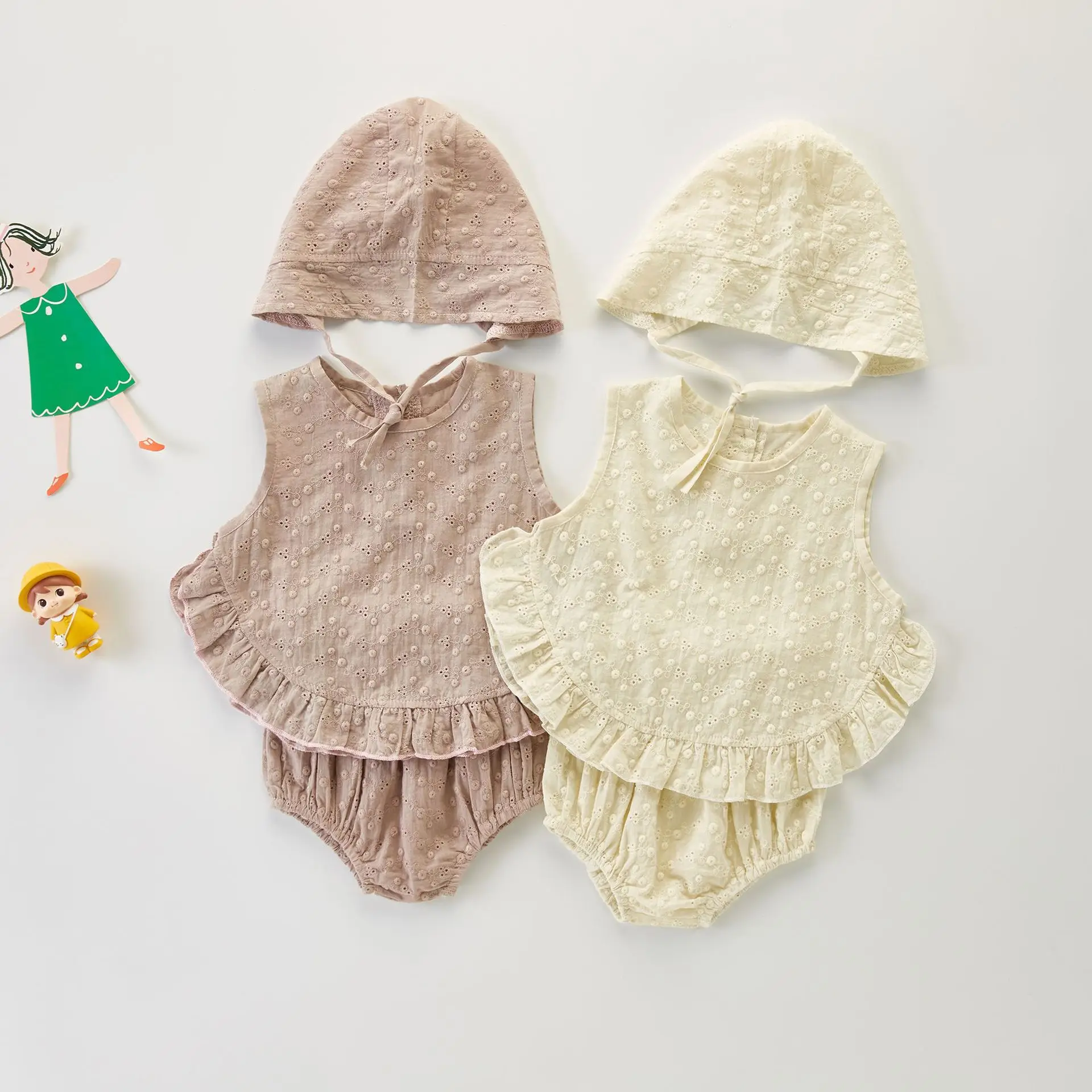 

Floral Embroidery Toddler Baby Girls Clothes Set Solid Color Sleeveless Lace Tops+Pp Shorts Bloomer +Hat Korea Style Baby Outfit