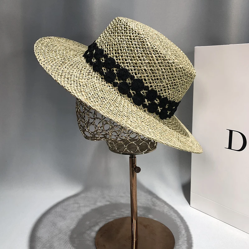 Natural Grasses 2022 Summer Straw Hat Women Lace Beach Cap Visor Protection Sun Hats Wide Brim Sunhat Chapeau Femme