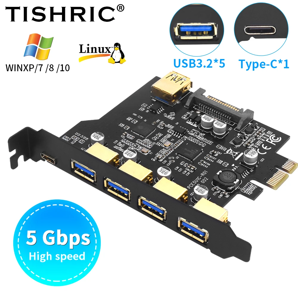 

Адаптер TISHRIC PCI-E, 2/4/5 портов USB 3,2 TYPE-C 19Pin USB 3,2 Gen1 PCI Express множитель с 5 Гбит/с, плата расширения PCI-E