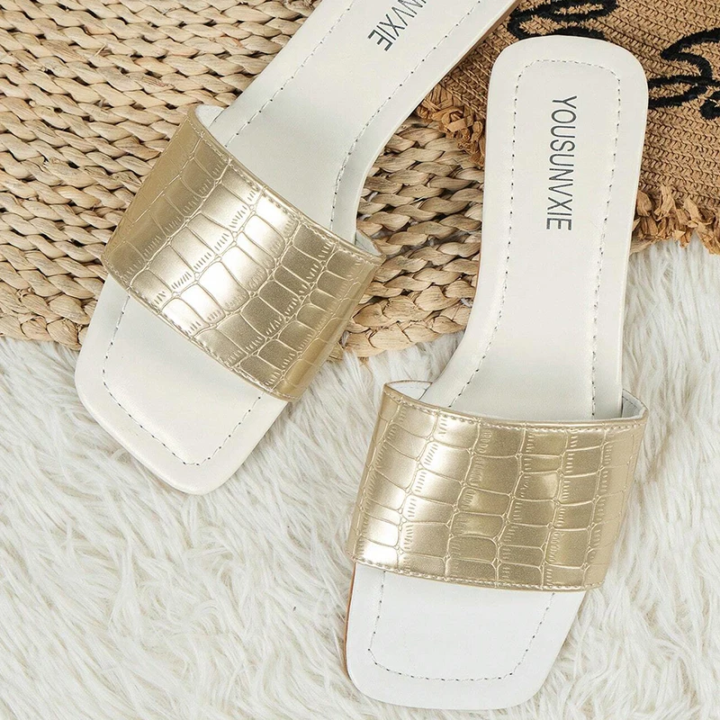 Woman Crocodile Embossed Slide Sandals Flat Glamorous Women Summer Fashion Outdoor Slides Casual Party Office Ladies 2023 Shoes