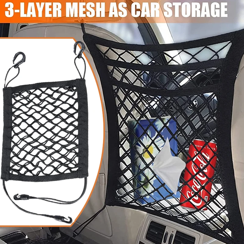 

3-Layer Car Mesh Organizer Seat Back Net Bag Barrier of Backseat Pet Kids Cargo Tissue Purse Holder Driver Storage Netting Pouch