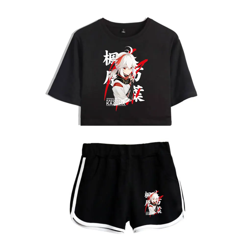 

Genshin Impact Kaedehara Kazuha Print Short Sleeve Cool Sexy Shorts+lovely T-shirts Dew navel Pretty Girl suits Two Piece Set