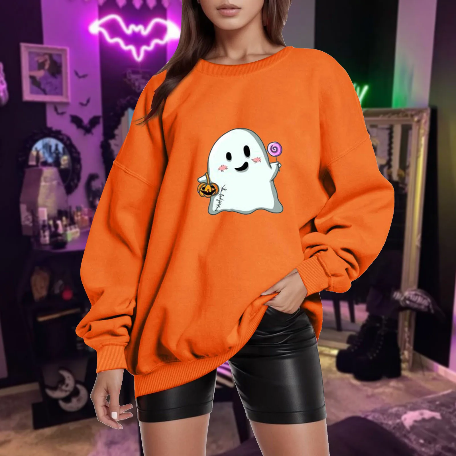 

Halloween Sweatshirt Womens Casual Loose Fitting Solid Kawaii Ghost With Candy Printed Drop Shoulder Oversize Hoodie Outfits Y2k