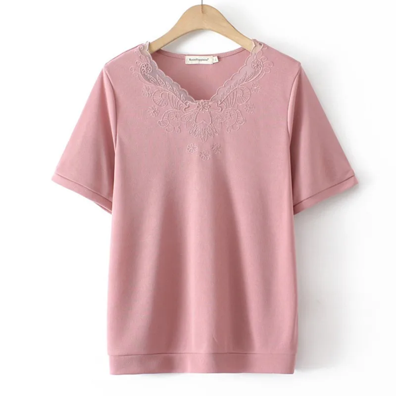 

100KG Plus Size T-Shirt For Women Clothing Fashion Lace Collar Ice Silk Knitting Embroidery Tops Casual Curve Tees Summer 2022