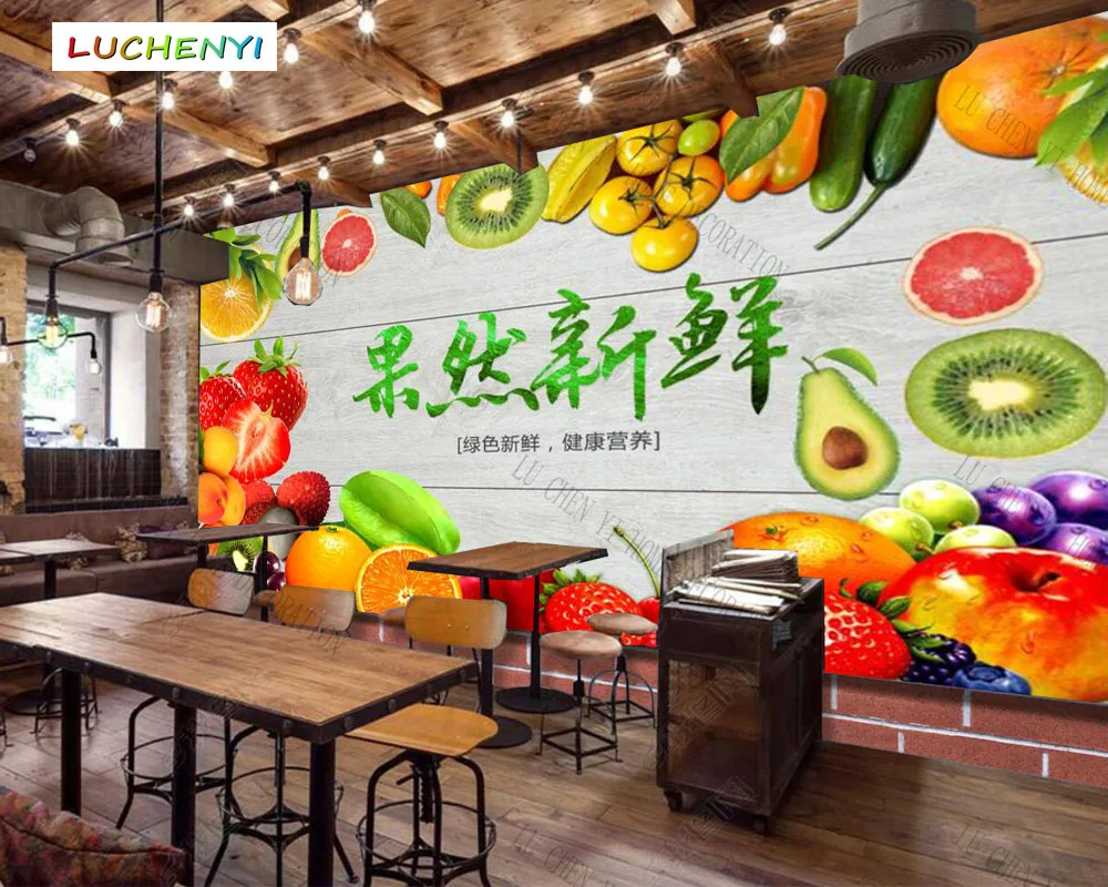 

Papel de parede custom fresh fruit 3d wallpaper mural,cool drink milk tea restaurant juice shop dining room wall papers sticker