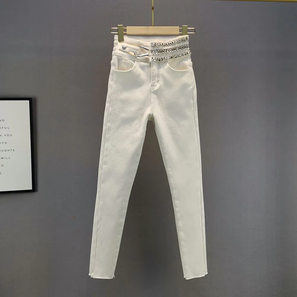 

Spring Jeans Women Winter New Slim Fit Rhinestone Hight Waist Skinny Denim Pencil Trousers Pants 2022 New