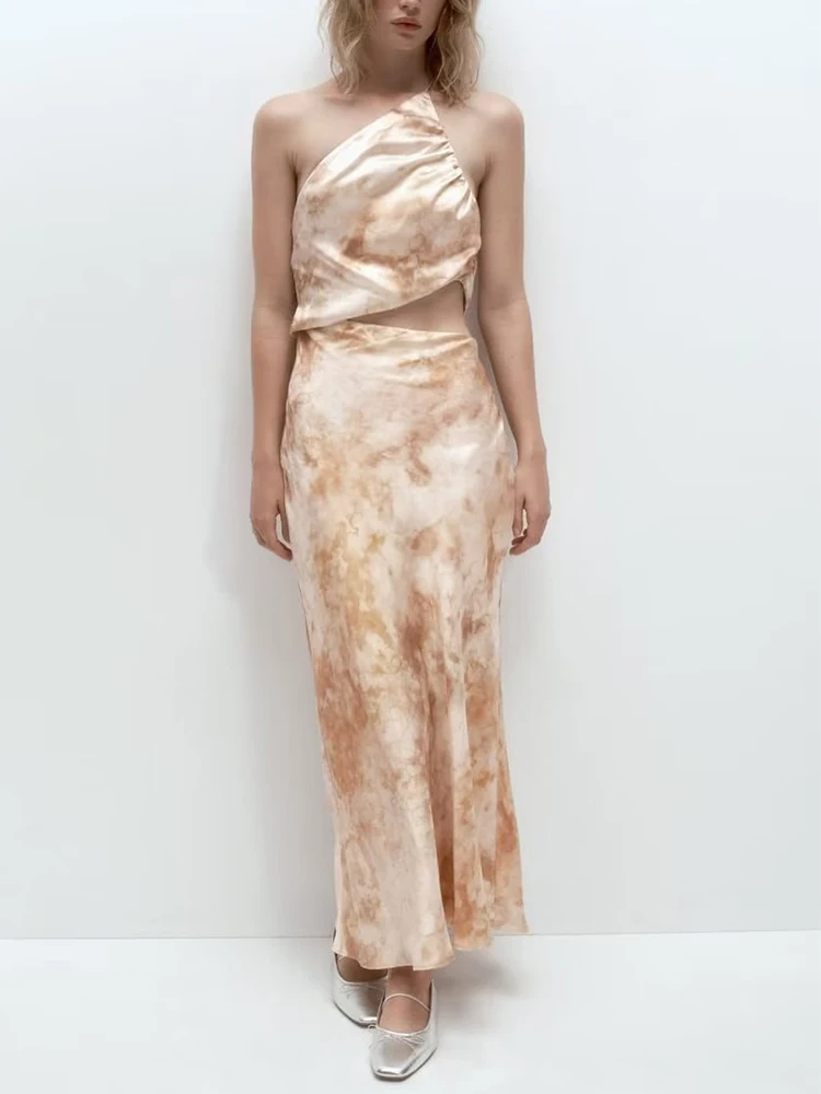 

TRAF Cut Out Satin Dress Woman Print Long Dresses For Women 2023 Pleated Backless Sexy Party Dress Summer Evening Dresses