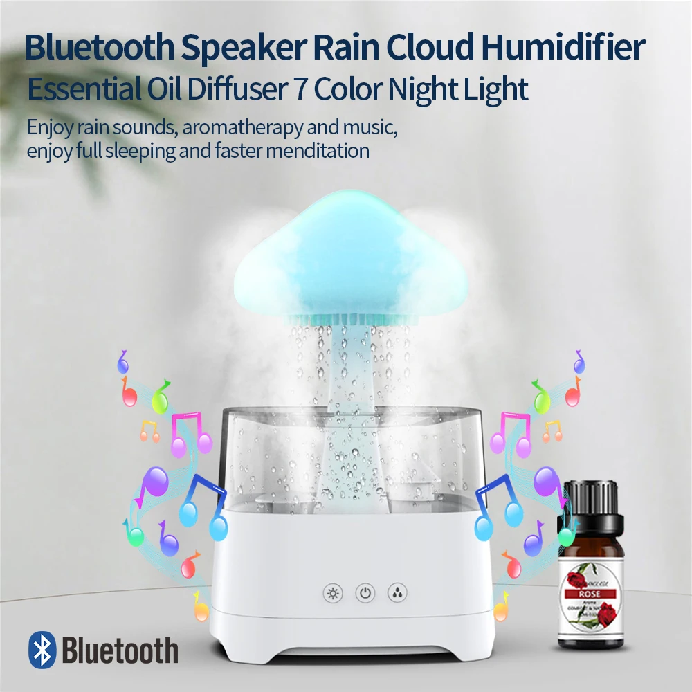 Фото Облачный дождевой диффузор, увлажнитель, музыкальный Bluetooth-динамик, капля дождя, машина для ароматерапии, ультразвуковая увлажняющая лампа для распыления №1