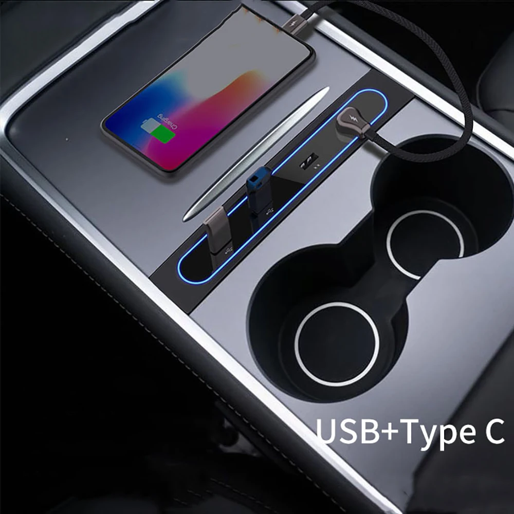 

For Tesla Model 3 Model Y 4 In 1 27W Fast Charger 4 Ports USB Hub Docking Station Car Adapter Charger Powered Splitter Extension