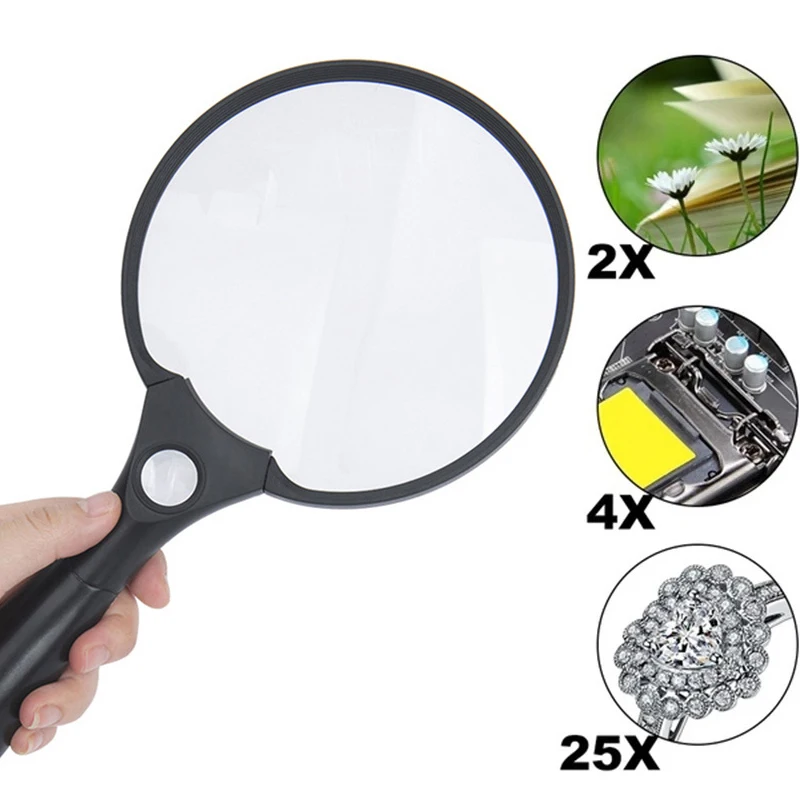 

2X 4X 25X Handheld Reading Magnifier Large Reading Magnifying Glass Lenses Magnifier With LED Light For Elderly Aid Reading