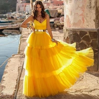 sevintage yellow tiered ruffled tulle prom dresses v neck spaghetti strap pleated evening dress wedding party gown 2022