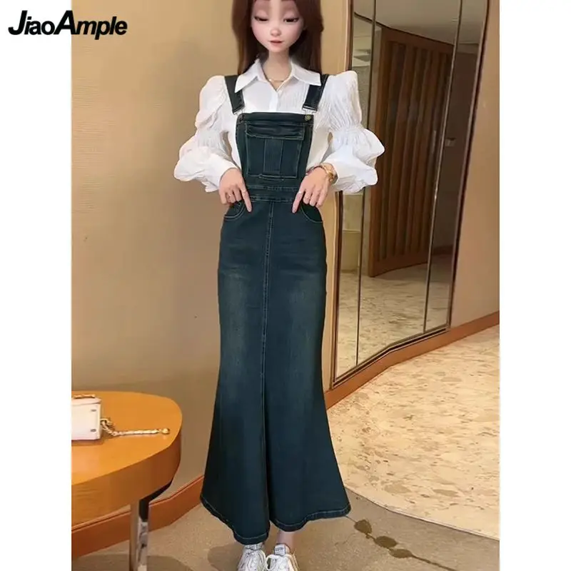 Женский винтажный джинсовый костюм-двойка белая блузка-рубашка с